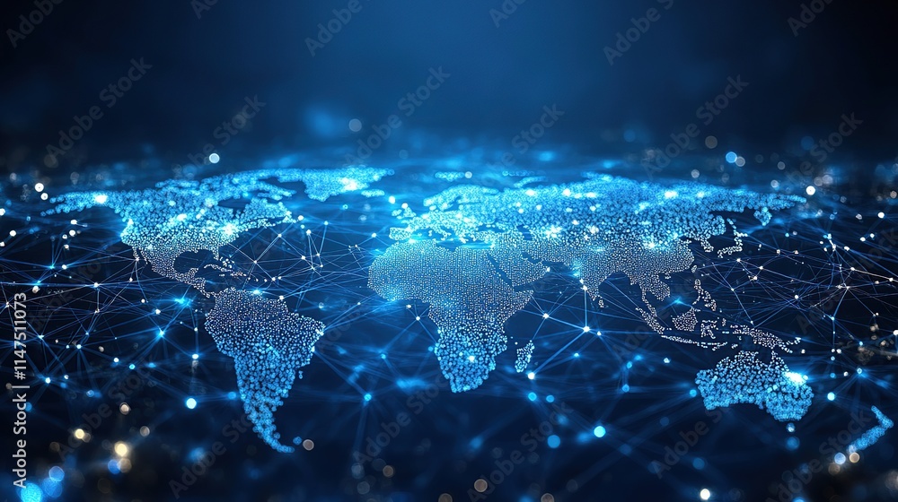 Poster global network connection, digital world map with glowing lines and nodes.