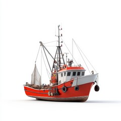 Fototapeta premium Bright Red Fishing Boat with Nets and Equipment on White Background, Perfect for Maritime Themes, Coastal Adventures, and Nautical Illustrations
