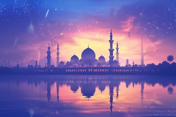 Fototapeta premium Majestic Mosque Silhouette at Sunset Reflecting in Calm Water