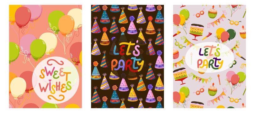 Cheerful Lets Party and Sweet Wishes illustrations with festive balloons, party hats, and sweet treats. For crafting birthday or celebration cards, party invitations, or gift tags