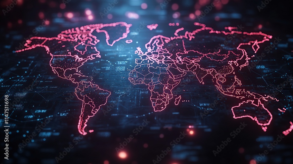 Poster glowing digital world map with country borders, data streams, and network connections.