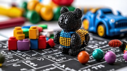 Obraz premium Colorful toys, including a beaded bear, plastic car, and building blocks, arranged on a black surface.