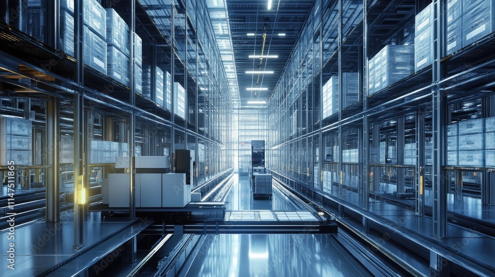 Poster modern automated warehouse interior with shelving units, robotics, and bright lighting for efficient
