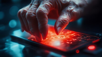 Elderly hand using smartphone indoor technology close-up view