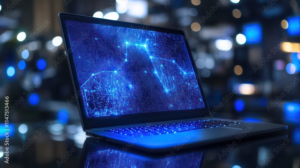 Aufkleber Laptop displaying a glowing network connection graphic on its screen, sitting on a reflective surface with a blurred background.
