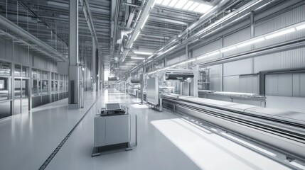 Modern automated production line in a large industrial warehouse.