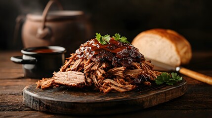 Fototapeta premium Savor the Rich Flavors of BBQ Pulled Pork with Caramelized Edges, Perfect for Any Gatherings. Season of Sizzling Delight Concept
