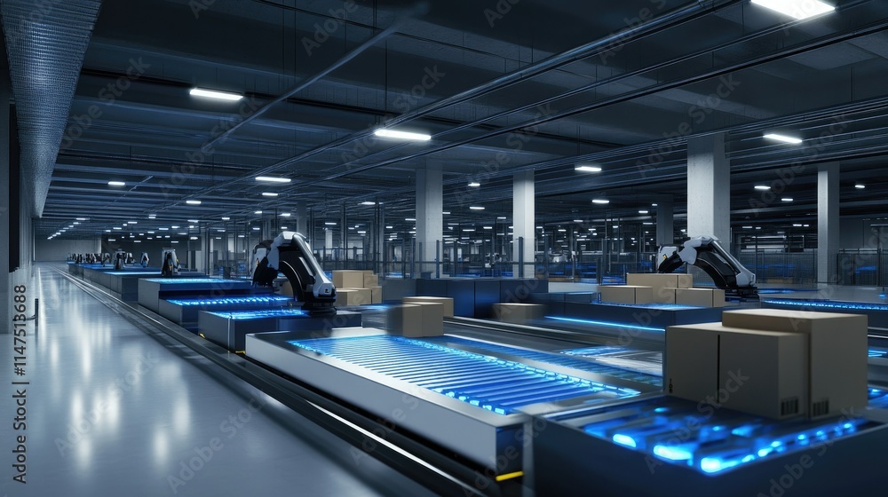 Poster advanced automated warehouse with robotic arms handling packages on conveyors in a modern distributi