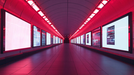 Obraz premium Illuminated Subway Tunnel with Blank Advertisement Spaces