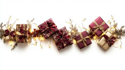 A holiday-themed border of gift boxes wrapped in luxurious gold and burgundy ribbons, surrounded by sparkling fairy lights, on a white backdrop