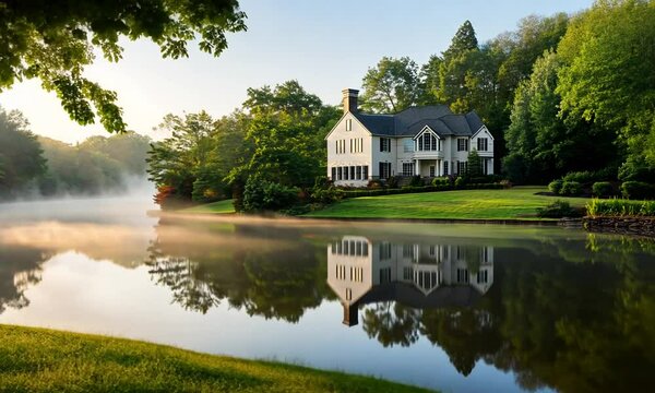 Serene lakeside view with a house reflecting in calm water.
