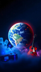 Music planet. Planet earth and musical instruments. Harmony concept, Side lit, with white tones