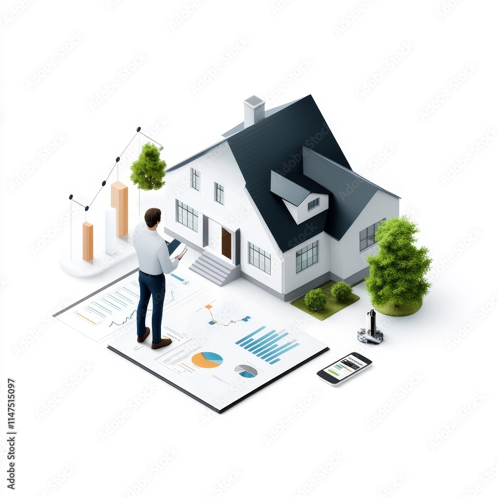 Poster modern real estate analysis with graphs and charts displayed on a sheet alongside a stylish house an