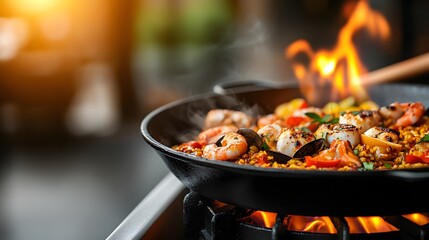 Discover the Vibrant Flames of Seafood Paella Cooking Over an Open Fire – A Culinary Delight. Season of Sizzling Delight Concept