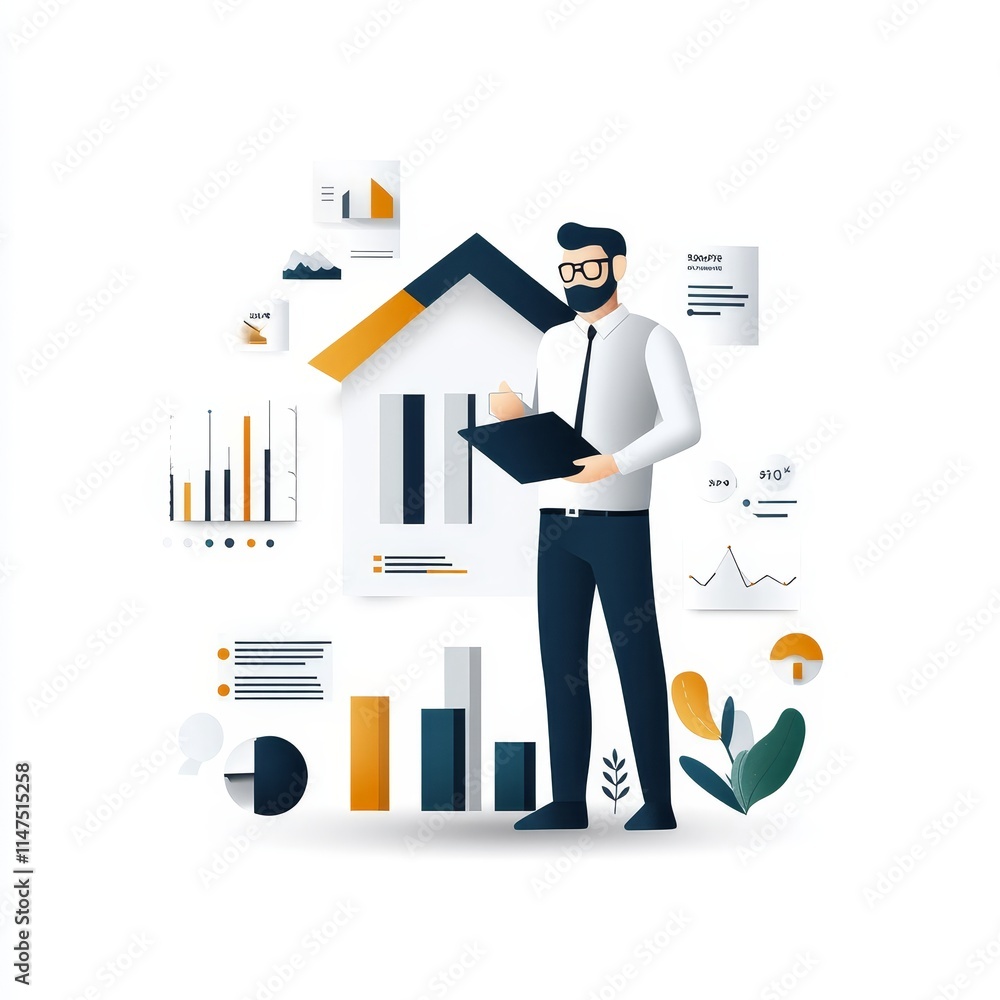 Aufkleber professional male character analyzing data and charts, surrounded by graphs and visuals, representin