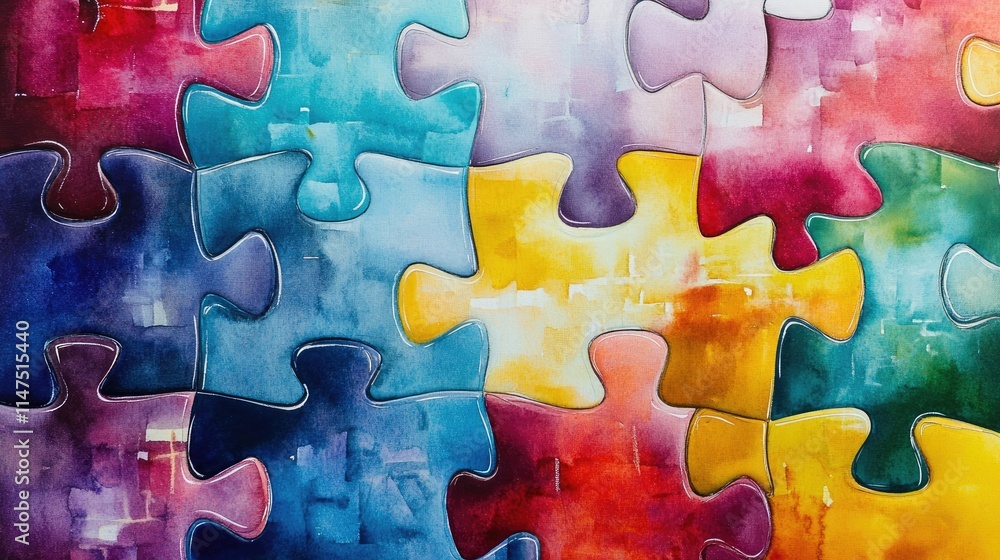 Poster colorful abstract puzzle pieces displaying an artistic blend of shades and forms in a vibrant and ey