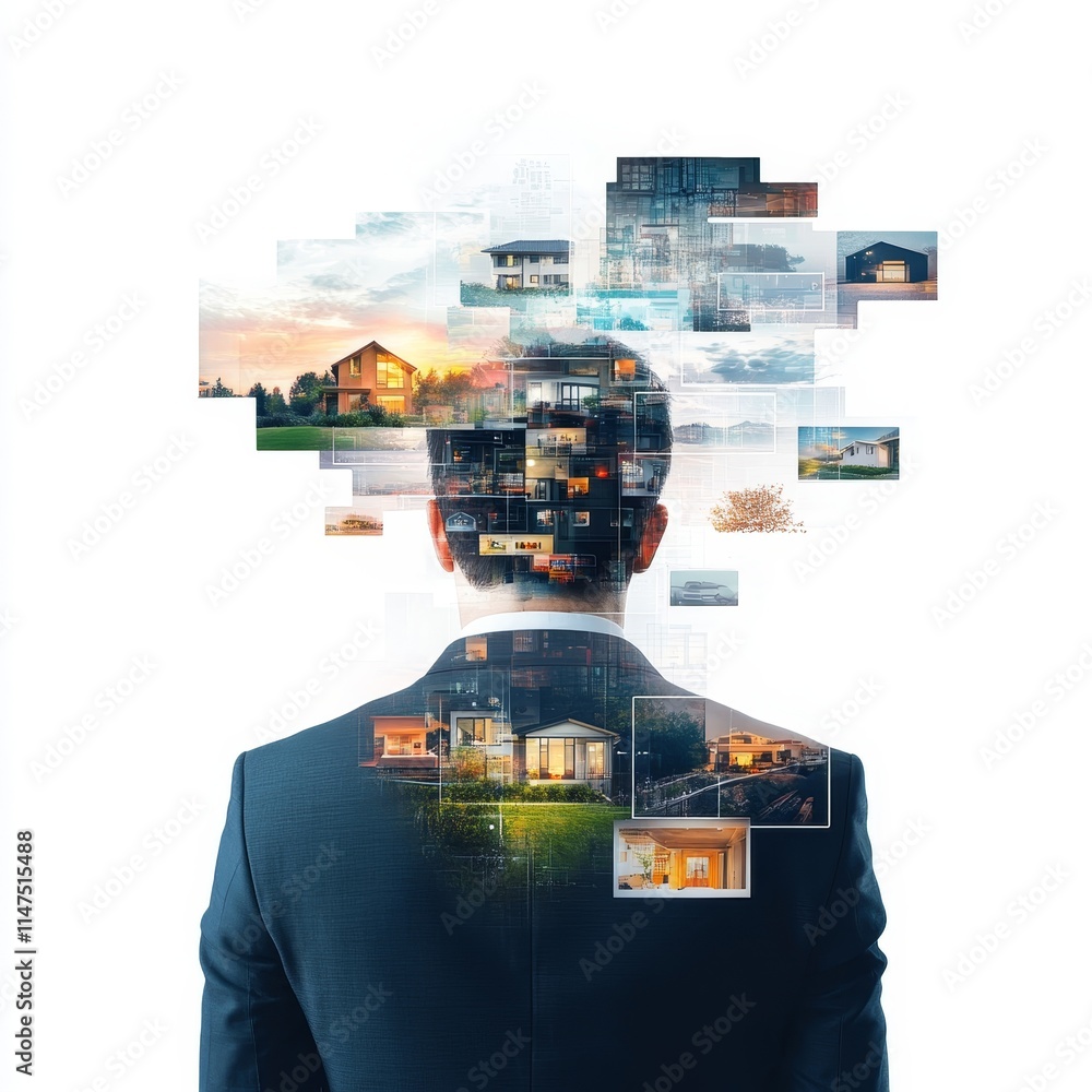 Poster man envisioning future homes connecting architecture and technology in a creative journey of design 