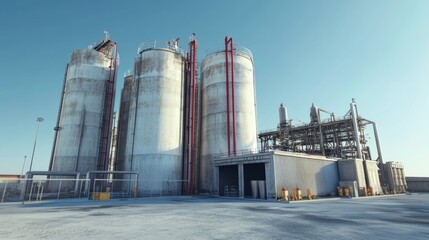 Obraz premium Industrial factory with towering silos and massive structures under a clear blue sky.