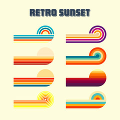 Horizontal vintage sunsets. Various colorful striped sunrise badges in 80s and 90s style. Sun and ocean view, summer vibes, surfing. Design element, print, logo or t-shirt. Vector illustration