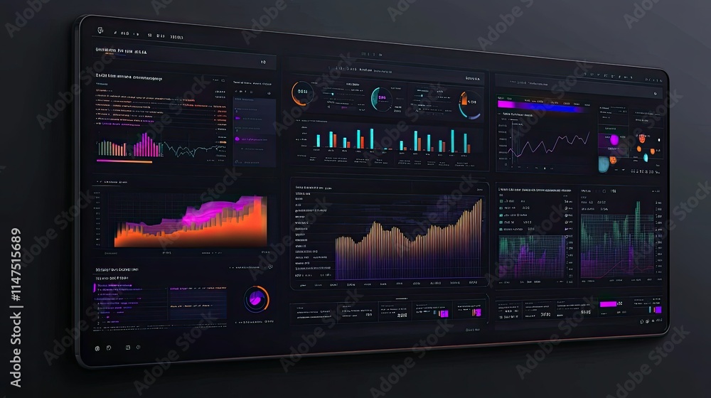 Poster futuristic data analytics dashboard displaying complex visualizations and charts in a dark mode inte
