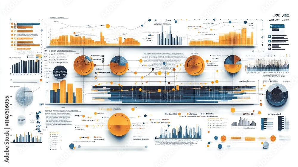 Poster data visualization dashboard with charts, graphs, and diagrams showing business analytics.