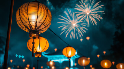 Obraz premium Chinese lantern festival, new year celebration with pagoda and fireworks