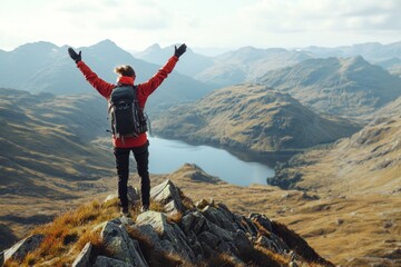 Obraz premium A person stands triumphantly atop a mountain peak, arms raised in celebration. The breathtaking landscape showcases rolling hills and a serene lake below. Generative AI
