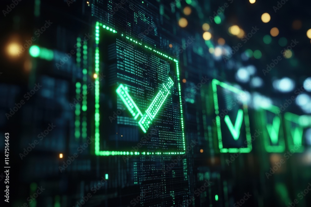 Poster green checkmark digitally displayed on a screen filled with code. illustrates successful data proces