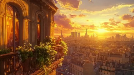 Breathtaking Sunset Over Paris Skyline with Ornate Balcony and Lush Greenery Capturing the Charm of City Life in a Vibrant, Warm Glow