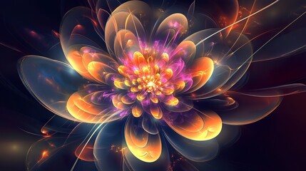 Abstract fractal flower with orange and purple petals glowing on dark background.