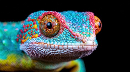 Obraz premium Close-up portrait of a vibrant chameleon with colorful blue and red scales isolated on a black background.