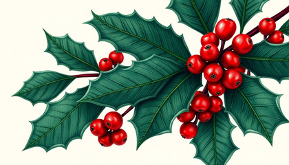 Close-up of holly leaves with vibrant red berries, classic holiday decoration