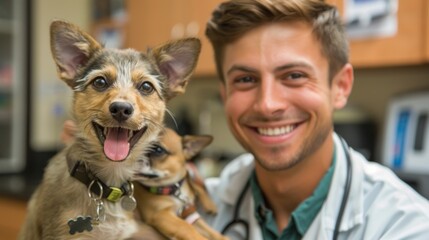A smiling veterinarian holding two happy dogs in a clinic setting.
