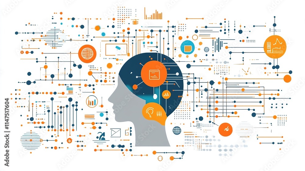 Poster abstract illustration of a human head with interconnected nodes representing data processing and art