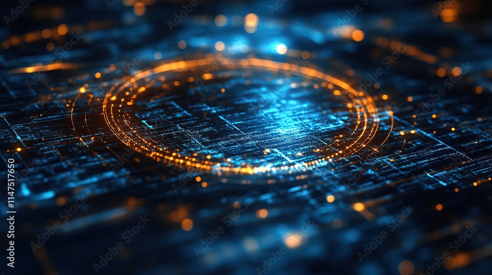 Poster abstract digital data flow, glowing orange and blue circular pattern on dark background.