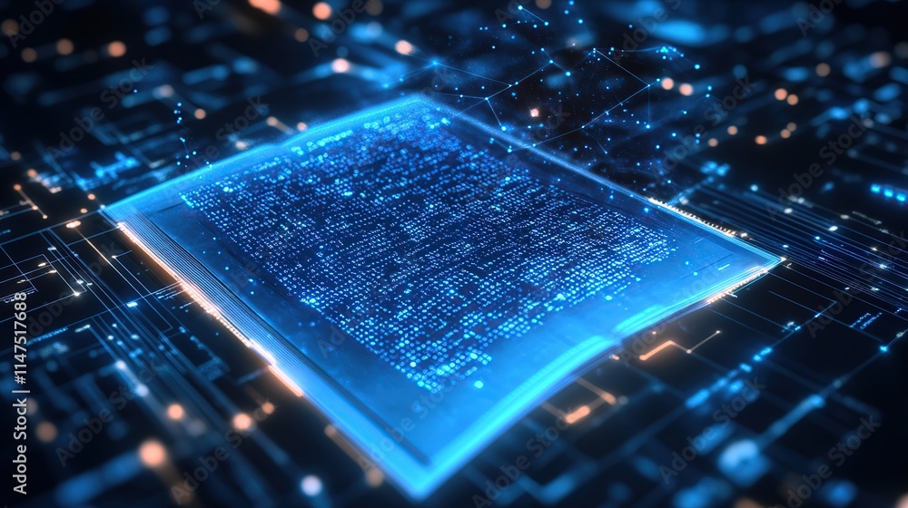Poster glowing digital microchip on circuit board, representing data processing and technology.