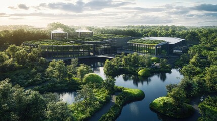 Modern Eco-Friendly Building Surrounded by Lush Green Landscape and Tranquil Water Feature Under a Bright Blue Sky with Fluffy Clouds