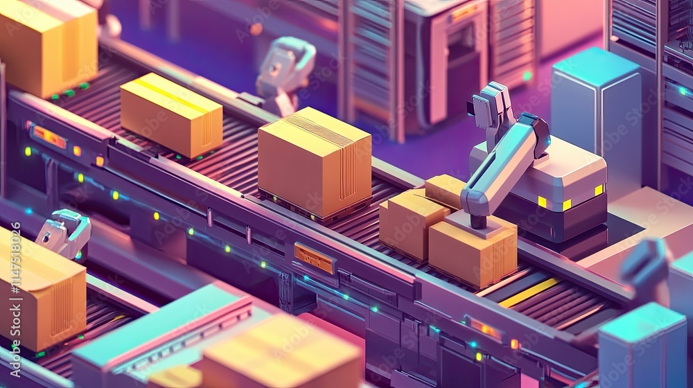 Poster advanced robotic arms in a modern automated warehouse handling boxes on conveyor belts with vibrant 