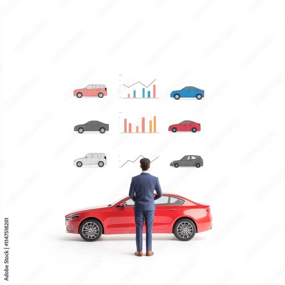 Aufkleber businessman analyzing market data with different car models and graphs depicting sales trends in mod