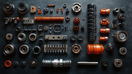 Flat lay of various metallic and orange industrial parts arranged on dark background.
