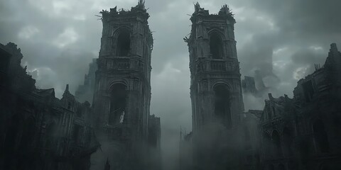 Cinematic still of two black stone towers with the shape and form of columns rising from within an apocalyptic landscape, grey sky with clouds, post-apocalyptic style, desolate mood