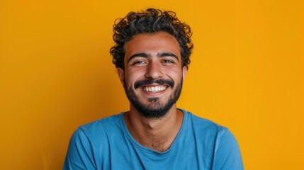 Obraz premium A smiling young man with curly hair against a bright yellow background.