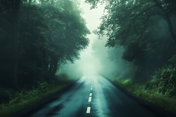 Fototapeta premium Misty Road Through A Dark Green Forest