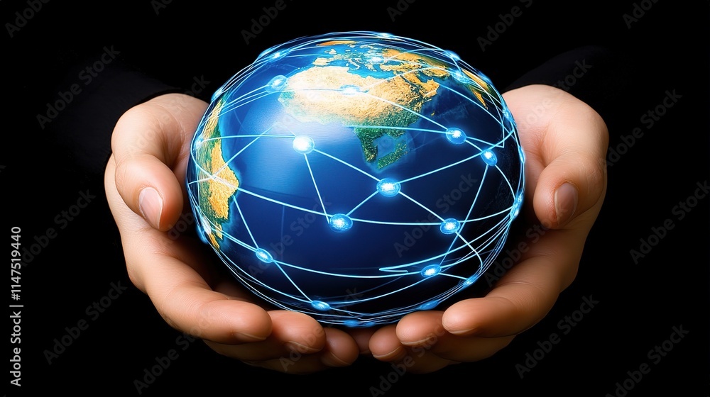 Poster global business concept with vibrant network and globe visualization