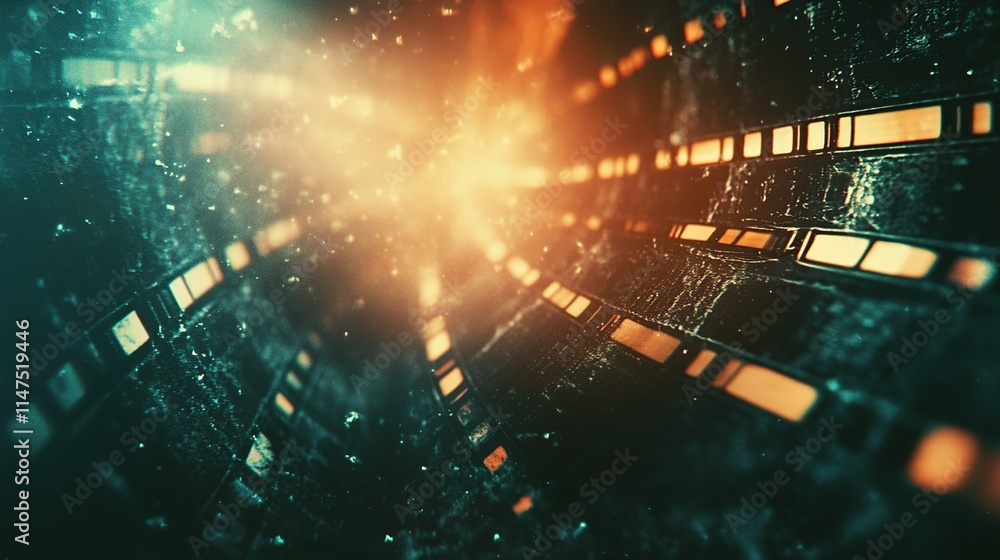 Poster abstract digital tunnel with glowing orange and teal lights, data streams, and particles.