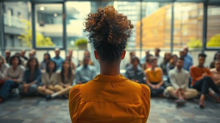 A speaker addresses an audience in a modern indoor setting, fostering engagement and learning.