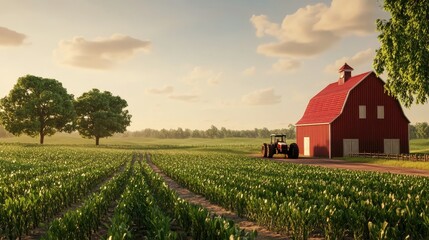 Tranquil Rural Landscape with Red Barn and Tractor at Sunset, Surrounded by Lush Green Fields and Majestic Trees Under a Partly Cloudy Sky
