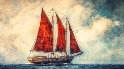 Sailing on the open sea with a classic ship featuring red sails. 