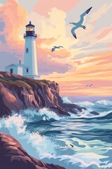 Stunning Coastal Lighthouse at Sunset with Seagulls and Ocean Waves Crashing Against Rocky Cliffs in Vibrant Pastel Colors