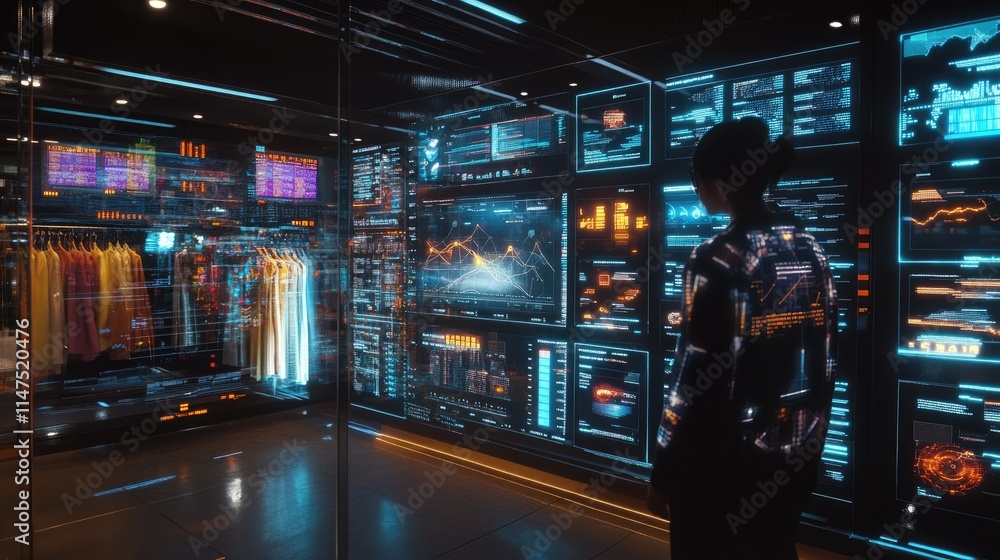 Poster futuristic data analysis room featuring digital displays and graphs with a focused individual observ